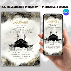 Bearbeitbare Hajj-Einladungsvorlage Diese Hajj Mubarak-Feier kann leicht bearbeitet, gedruckt und auch digital für andere freigegeben werden