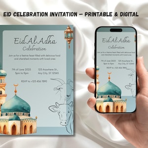 Bearbeitbare Eid-Einladungsvorlage Diese Eid al-Adha-Partyeinladung kann leicht bearbeitet, gedruckt und auch digital für andere freigegeben werden