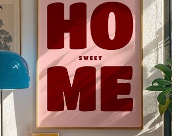 Retro bubbeltypografie muurdecoratie, Home Sweet Home print, groovy poster uit de jaren 70, bordeauxrode en blushroze decoratie, printbare digitale download