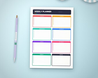 Printbare weekplanner voor de start van het schooljaar, ongedateerd lesrooster, kleurrijke huiswerkplanner, A4- en US Letter-formaat, direct te downloaden.