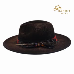 May include: A brown fedora hat with a wide brim, adorned with a black band, red accents, and decorative feathers. The hat has a distressed finish, giving it a vintage look. The hat is a stylish accessory.