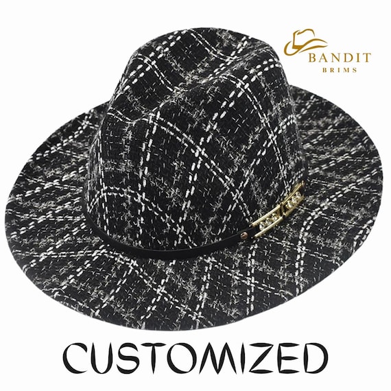 Stylish Black Fedora Hat with Patterned Band Black Fedora Hat, Wide Brim Hat, Extra Wide Band, Wool Felt  main image 4