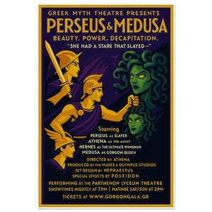 Sarkastisches Theaterplakat - Griechische Mythologie von Perseus und Medusa für Klassenzimmer Kunst