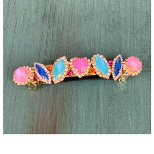 Pink & Blue Crystal Rhinestone Hair Barrette - Made in USA