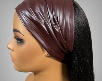 Burgundy Red Faux Leather Wide Headband Half Bandeau