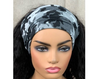 Lightweight Black and White Camouflage Wide Scrunch Headband