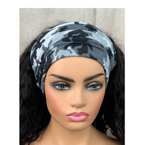 Lightweight Black and White Camouflage Wide Scrunch Headband image 1