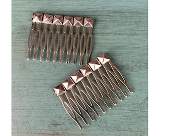 Metal Hair Comb Set for Women: Silver Stud Trim, Handmade Accessories