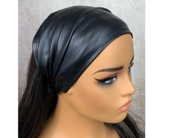 Black Faux Leather Stretch Headband, Half Bandeau