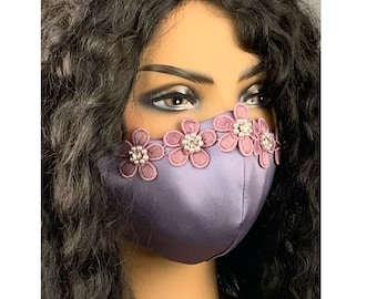 Light Purple Satin with Lilac Flowers Face Mask