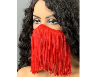 Red Fringe Face Mask: Handmade Unisex Festival Mask