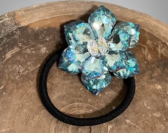 Light Blue and Clear Rhinestone Crystal Flower Ponytail Holder