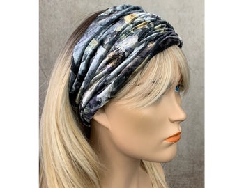 Gray and Brown Floral Print Velvet Wide Scrunch Headband