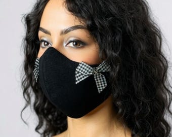 Black Face Mask: Plaid Bows & Rhinestone Detail - USA Made