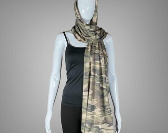 Soft Green and Beige Camouflage Print Long Scarf