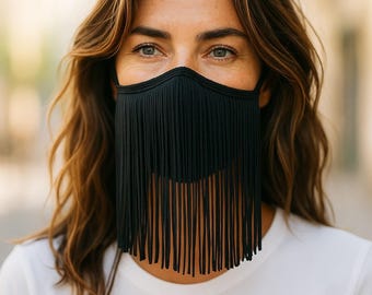 Black Fringe Face Mask: Handmade Unisex Face Covering, USA Made