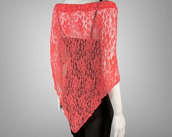 Large Triangle Scarf Wrap, Sheer Coral Orange Floral Lace