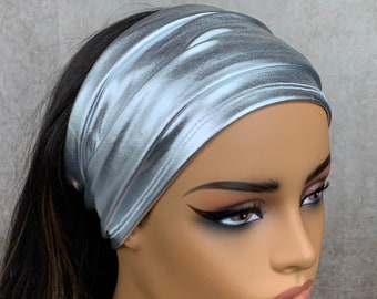 Metallic Silver Faux Leather Wide Headband, Half Bandeau