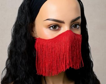 Mascherina con frange per donna, mascherina rossa con scritta