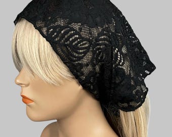 Black Floral Lace Bandana Scarf: Handmade Triangle Headband, Made in USA