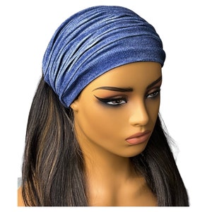 Blue Denim Print Velvet Wide Scrunch Headband image 1