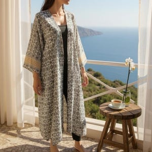 Chiffon Kimono Duster: White, Black & Beige Print - Handmade in USA