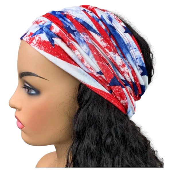 Red White and Blue Stars and Stripes Wide Scrunch Headband