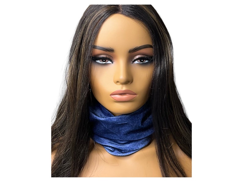 Blue Denim Print Velvet Wide Scrunch Headband image 3