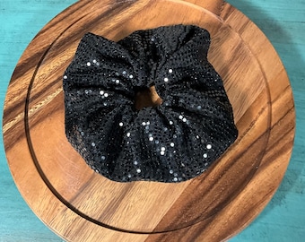Large Hair Scrunchie Black Shiny Dot Print Accessory Statement Ponytail Holder