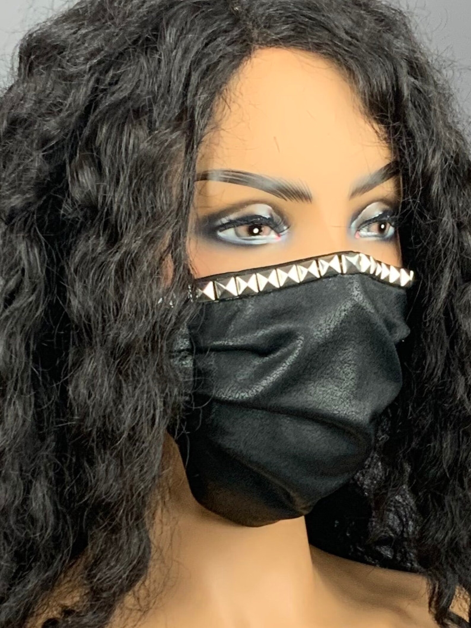 Black Faux Leather Pleated Face Mask with Stud Trim Etsy