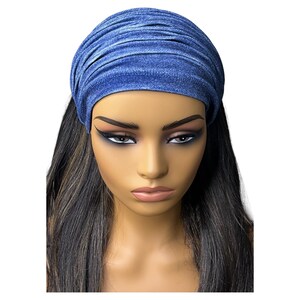 Blue Denim Print Velvet Wide Scrunch Headband image 4