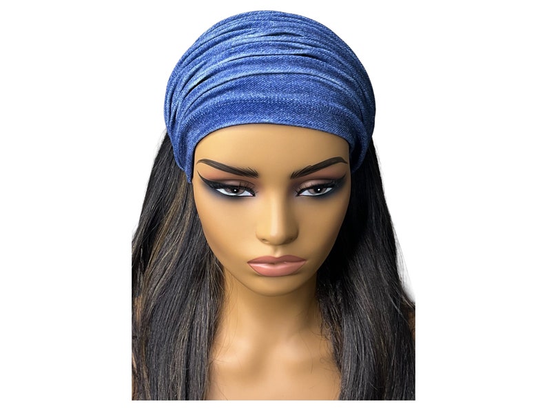 Blue Denim Print Velvet Wide Scrunch Headband image 4