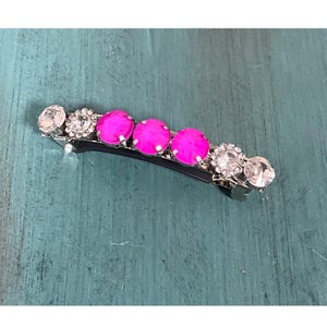 Neon Pink Rhinestone Hair Barrette: Silver French Clip, Handmade