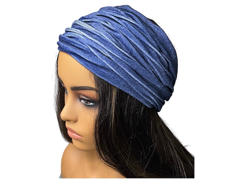 Blue Denim Print Velvet Wide Scrunch Headband image 5