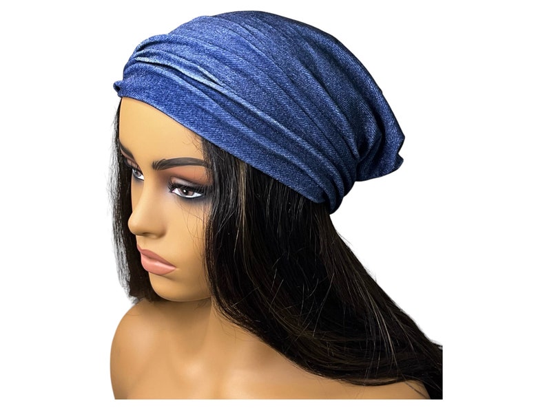 Blue Denim Print Velvet Wide Scrunch Headband image 8