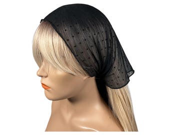 Black Sheer Mesh Stretch Bandana Scarf Black on Black Dot Detail Hair Scarf Triangle Bandana Sheer Black Bandana Handmade Gift Idea