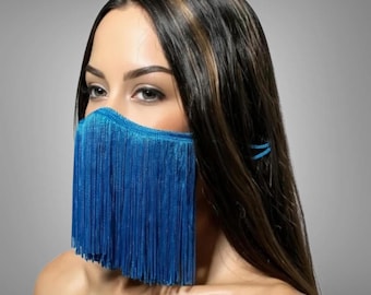 Fringe Face Mask, Blue Long Fringe Statement Design