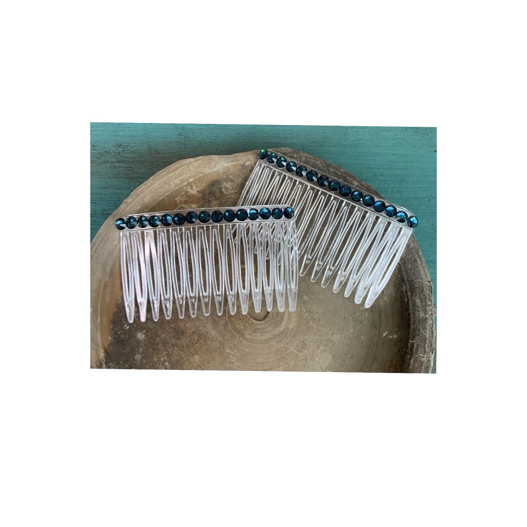 Navy Blue Rhinestone Hair Comb Set: Handmade Sparkle, Set of 2