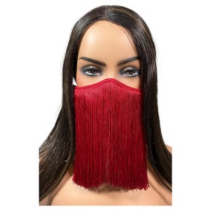 Dark Red 8 inch Fringe on Black Face Mask