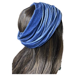 Blue Denim Print Velvet Wide Scrunch Headband image 7