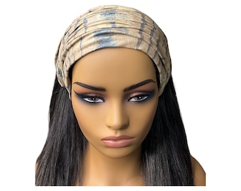 Beige and Blue Faux Suede Wide Scrunch Headband