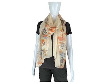 Beige and Brown Floral Silk Chiffon oversized scarf