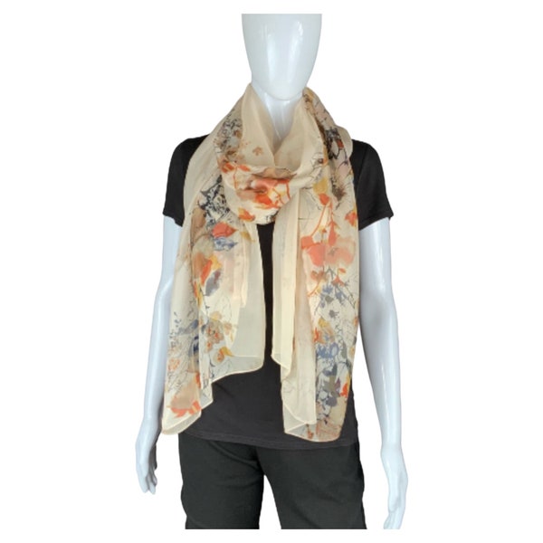 Beige and Brown Floral Silk Chiffon oversized scarf