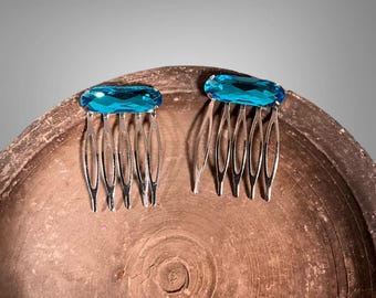 Capri Blue Rhinestone Small Metal Comb Set