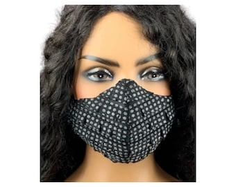 Black and Gray Polka Dot Ruffle Face Mask
