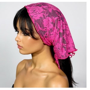 Hot Pink Floral Lace Bandana Scarf: Handmade Stretch Headband