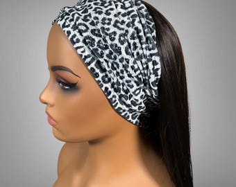 Wide Scrunch Headband Black and White Animal Print Stretch Velvet Hair Accessory