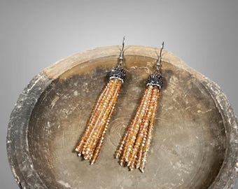 Champagne Beaded Tassel Dangle Earrings