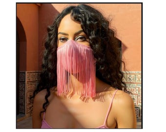 Light Pink Fringe Face Mask: Handmade Festival Mask, Made in USA