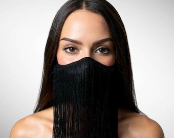 Zwart 8-inch gezichtsmasker met franje: handgemaakte festivalgezichtsbedekking